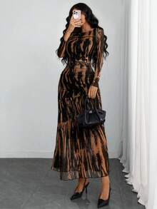 Women's Gothic Style Sexy & Elegant Modern Contrast Striped Asymmetric Ruffle Waist Double-Layer Mesh Long Sleeve Dress, Suitable For Dates, Vacations And Daily Commute Spring - Multicolor - View 4