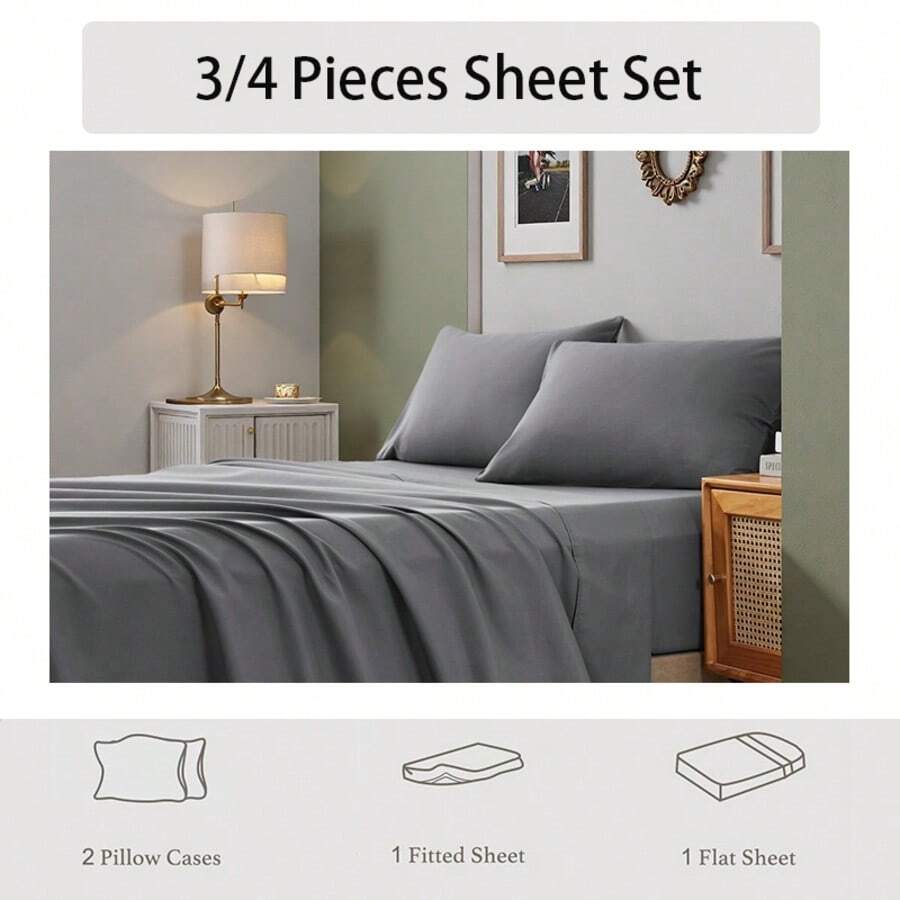 3/4 Pieces Sheet Set, Cooling Sheets For 3 Pieces Twin Sheet Set With Pillowcase, Full/Queen/King Size Bed Set With 4Pieces, Derived From Microfiber, Breathable & Soft, Deep Pocket Up To 16", Hotel Luxury Silky Bedding For Hot Sleepers - 深灰色 - 查看 1