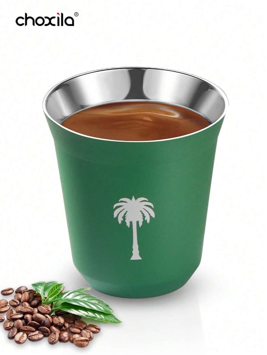 choxila 1pc Stainless Steel Coffee Cup, Saudi National Day Gifts,Green Palm Tree Pattern Coffee Mug,Ice American Coffee Cup, Outdoor Camping Water Cup, Tea Cup
