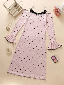 1件女士高品质牛奶丝波点随机印花露肩撞色蕾丝长袖中长连衣裙，春秋季 - 香檳色 - 查看 7