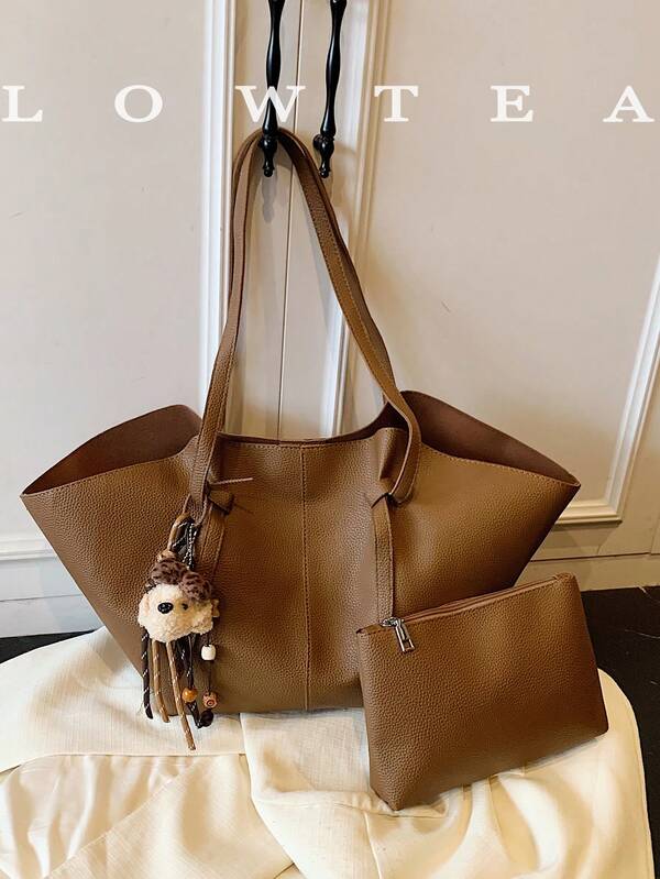 low tea 2pcs Solid Color PU Leather Shoulder Bag Women Casual Large Capacity Tote Bag, Book Bag With Double Handles And Snap Closure, Suitable For Travel, Shopping, Dating, Women's Gift, Suitable For Teenage Girls, College Students, And Office Ladies, Ideal For Office, School, Work, Business, Commuting, Outdoor, Travel, Picnic