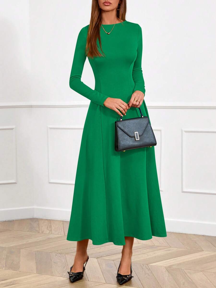 Women Fall Dresses Boat Neck Long Sleeve High Waist A-Line Flowy Knit Party Maxi Dress Spring Autumn Evening Formal Wedding Party Valentine Long Dress Outfits - 綠色 - 查看 1