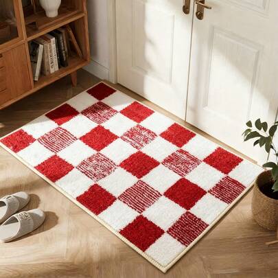 1 Pc Red And White Checkered Decorative Doormat, A Soft And Comfortable Faux Cashmere Bedroom Rug With A Non-Slip Silicone Backing. This Ultra-Soft, Washable, Low-Pile Indoor Rug Is Suitable For Interior Entrances, Doors, And Bedroom Home Decor.