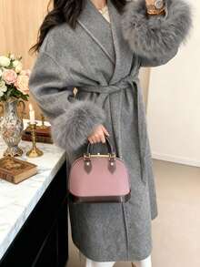 女士新款优雅系带仿毛皮袖外套，高端系带长款大衣，修身显瘦，和服式设计，秋冬款 - 灰色 - 查看 11