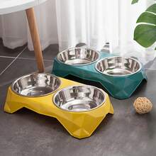 Upgraded Diamond Pattern Stainless Steel Pet Double Bowl, Plastic, Raised Anti-Slip Neck Protection Feeding Bowl, Multiple Colors Available, Suitable For Medium & Small Dogs, Cats - Multicolor - View 4