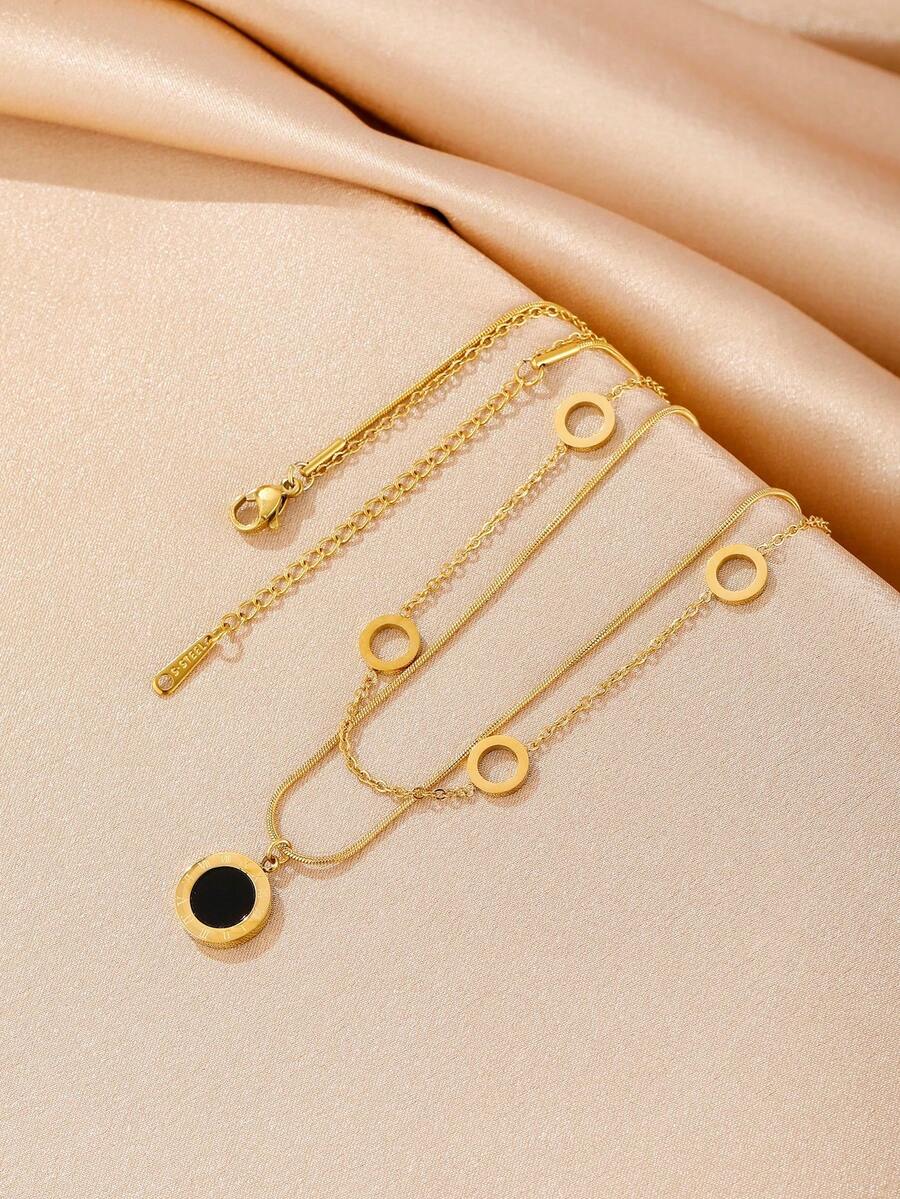 1pc Fashionable Double Layer Gold-Tone Chain Necklace With Roman Numeral Pendant, Simple & (OPP Bag Packaging) - Yellow Gold - View 1