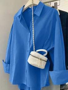 Camisa de mujer con bolsillo a cuadros y botones delanteros, para uso casual - azul real - Ver 1