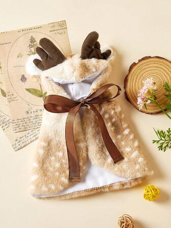 PETSIN 圣诞宠物服装节日驯鹿风格狗斗篷，配有柔软的皮毛和可爱的蝴蝶结，非常适合圣诞节可爱的圣诞驯鹿风格斗篷，适合小型犬