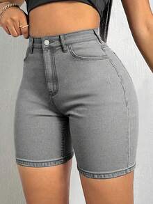 MUZZ 女士夏季休闲猫须装饰弹力修身牛仔短裤，修身剪裁，适合度假、海滩、音乐会、音乐节等场合，打造牛仔女孩造型 - 灰色 - 查看 3