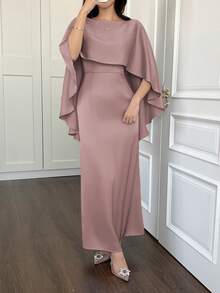 Elegant Dress For New Year's Eve, Featuring A Captivating Cape-Style Shawl And Discreet Zipper Details, Exuding A Refined And Sophisticated Aura.