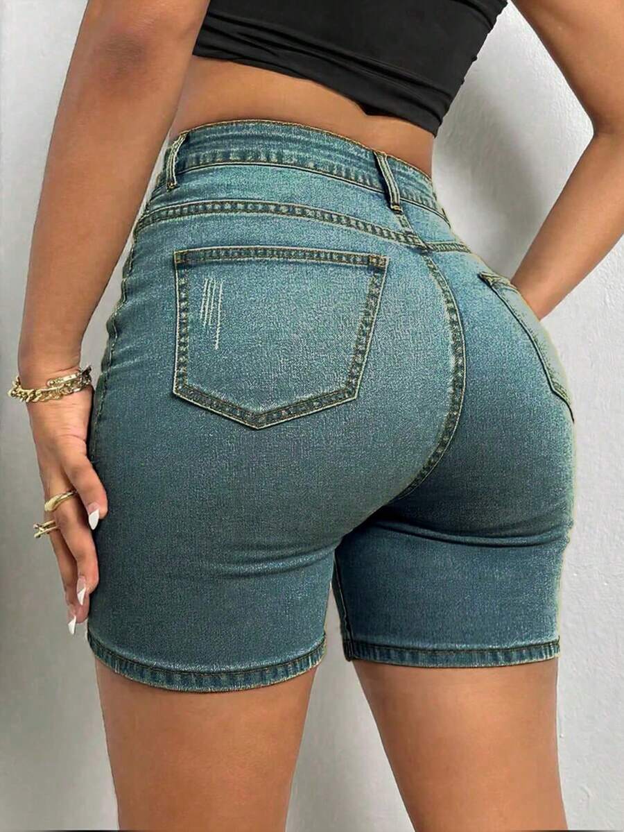 Quần short denim skinny co giãn MUZZ dành cho nữ, kiểu dáng thường ngày mùa hè, trang trí họa tiết ria mèo, phù hợp cho kỳ nghỉ, bãi biển, buổi hòa nhạc, lễ hội âm nhạc, tạo nên phong cách "cô nàng denim". - Màu xanh hải quân - Xem 1