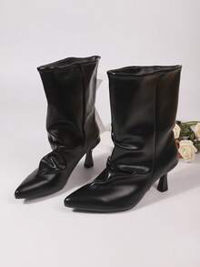 欧美风性感女士高筒踝靴 2025秋冬新款尖头细跟短筒褶皱宽筒牛仔靴西部靴时尚踝靴 - 黑色 - 查看 6