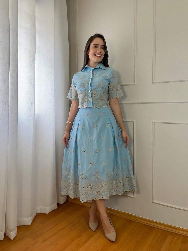 CONJUTO MAX MIDI FEMININO  elegante  Casual  Festa    Botões na frente  Nó  Bordado    Formal e Noturno  Casamento - Azul bebê - Visão 1
