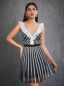 Mgiacy Women's Spaghetti Strap Ruffle-Trim Polka-Dot Mesh Panel Ruched Luxury Evening Gown - Black and White - View 1