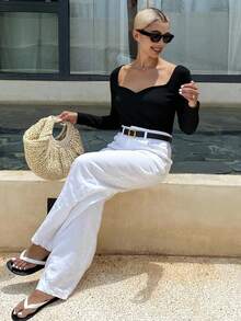 Livesso Women's Sweetheart Neck Long Sleeve Casual Solid T-Shirt, Spring/Summer,Fall Women Clothes - Black - View 2