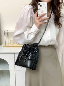 1pc Women's Bucket Bag, Fashionable Chain Shoulder Crossbody Bag, Ladies Small Handbag