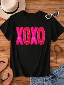 Xoxo Glitter Print White T Shirt Women Fashion Casual Top Sparkle Letter Design Short Sleeve Crew Neck Tee For Everyday Wear - 黑色 - 查看 3