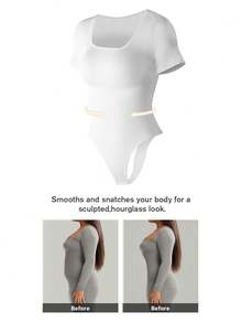 1 pieza Mono de control de abdomen de unicolor para mujer, mono moldeador y adelgazante - Blanco - Ver 9