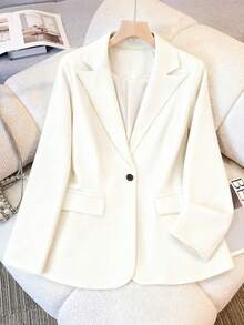 Women's Casual Office Solid Color Lapel Blazer Jacket, Long Sleeve Button Pocket, Suitable For Autumn, Winter And Spring Seasons. Long Sleeve Office Jacket, Versatile Outerwear For Business And Home, Suitable For Autumn, Winter And Spring White - White - View 3