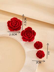 4 piezas Pendientes de botón con rosa roja, elegantes y cómodos pendientes de material terciopelado de moda para mujeres - Rojo - Ver 4