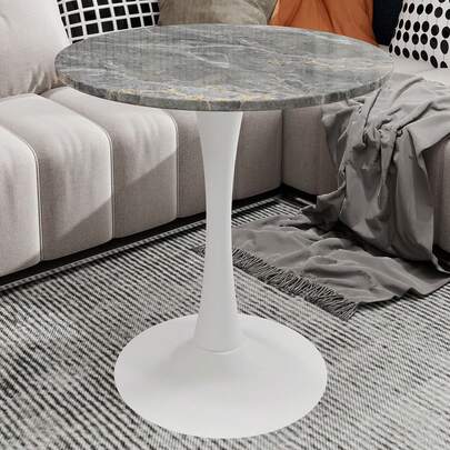 White Coffee Table 70cm (27.6 Inches), Mid-Century Modern Style Dining Table, Suitable For 2-4 People, Featuring A Round Marble Top With A Dark Grey Veined Finish, Perfect For Various Environments.