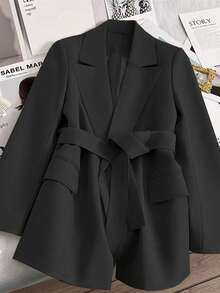 Áo khoác blazer dáng lửng hai hàng cúc, cổ ve lật, dành cho nữ cỡ lớn, màu đen, thích hợp cho mùa xuân. - màu đen - Xem 1