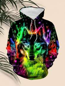 Men'S 3D Wolf Head Print Hooded Sweatshirt - Neon Green & Multicolor Wolf Face Design, Casual Long Sleeve Hoodie For Fall/Winter, Loose Fit Streetwear Pullover With Drawstring Hood, Winter Apparel |   Casual Hoodie |   Comfortable Fit Hoodie - 風格 - 查看 2