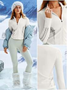 Leorrey 1pc Women Zipper Stand Collar Ribbed Splice Slim Fit Ski Long Sleeve Snow Suit White Winter Sports - White - View 9