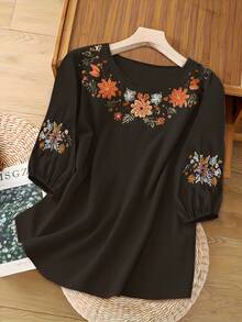 Plus-Size Women's Embroidered Multi-Functional Casual Top, Spring/Summer Shirt - 黑色 - 查看 2