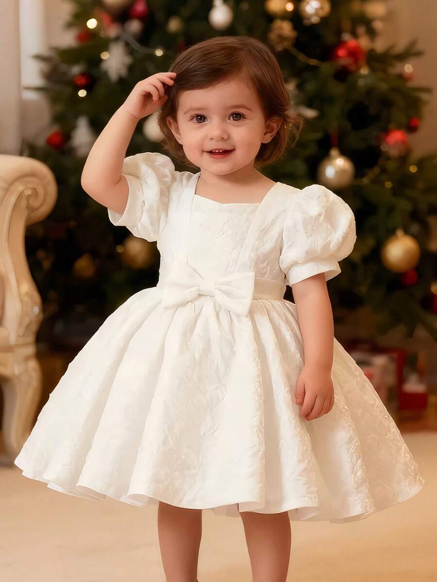 Baby Girl Elegant White Princess Dress With Flower & Bow Decor, Flower Girl Formal Dress For Wedding, Party, Birthday, Christening, Mother's Day, Summer - White - View 1