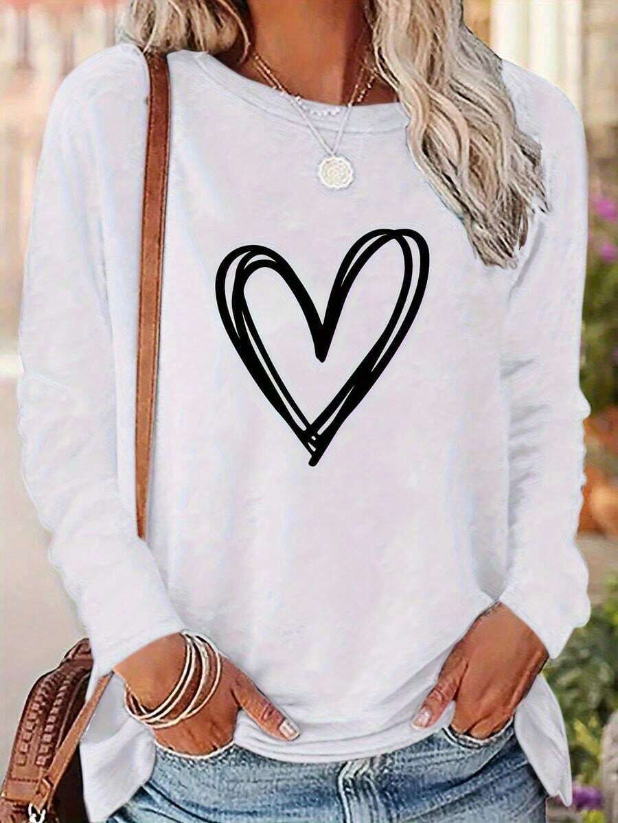 Women's Casual Long Sleeve Round Neck T-Shirt - Vibrant Blue With White Overlapping Heart Print, Loose Fit Soft Machine Washable Top, Suitable For Spring And Autumn, Playful Geometric Heart Design, Women's Daily Comfortable Shirt, Layering Piece Unisex Plus Size T Shirts - 白色 - 查看 1
