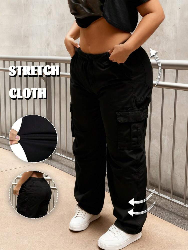 GILIPUR Y2K Plus Size Women's Black Cargo Pocket Straight Leg