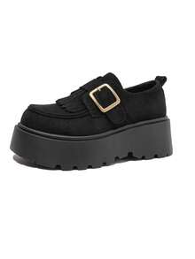 女士黑色流苏厚底乐福鞋，今年最流行的款式，搭扣流苏复古英伦风增高鞋，适合音乐节、T台走秀、派对和日常穿着。 - 黑色 - 查看 5