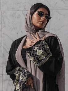 Elegant Long Sleeve Long Kaftan Jalabiya For Women Woven Fabric Slight Stretch With Embroidered Details - Black - View 5