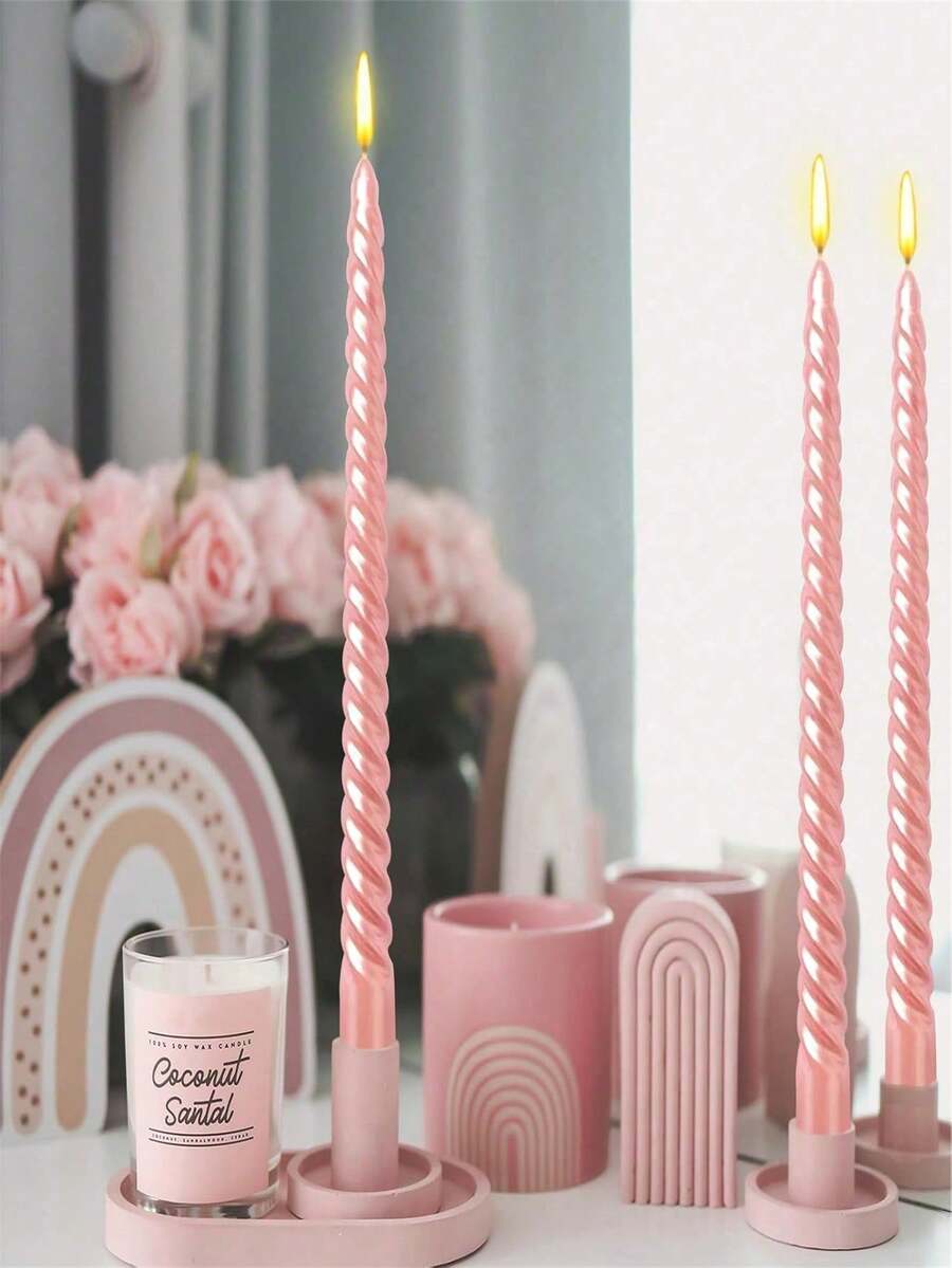 1/4pcs/Pearlescent Powder 10 InchTaper Candle Tapered Candle Burn For 8 Hours Long Candle Sticks Tall Candlesticks Taper Spiral Candles Dinner Candle Party Wedding Valentine's Day Party Supplies (25cm, Pink) ﻿ - Pearl Powder - View 1