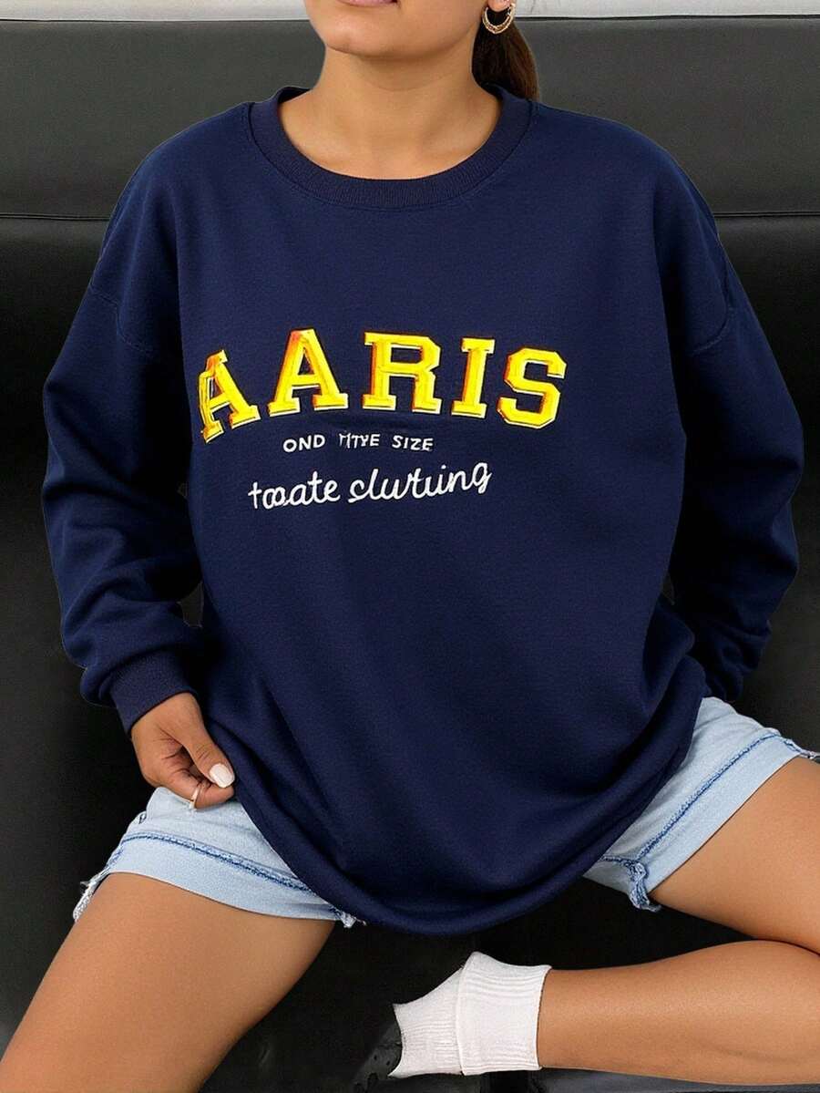 Livesso Women's Casual Letter Embroidery Round Neck Dropped Shoulder Loose Sweatshirt, Autumn/Winter - Navy Blue - View 1