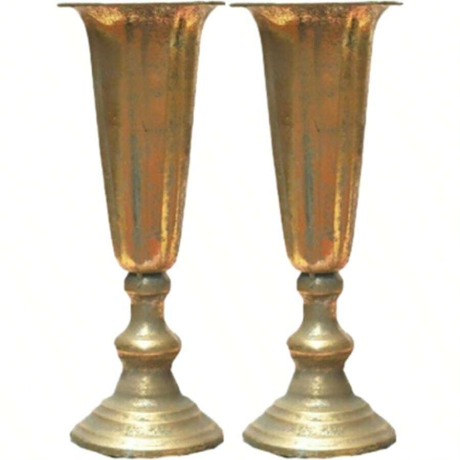 D2 Pcs Distred Gold Compote Vase Metal Decorative Vase 4.5"X13" Champagne Flute Shape Vintage Bowl Table Centerpieces For Wedding Birthday Anniversary Party Indoor Outdoor Tabletop - Vàng - Xem 1