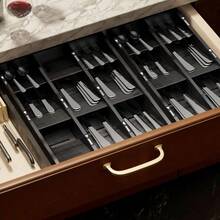 HAWTBamboo Silverware Drawer Organizer With Labels Kitchen Utensil Tray Holder Organizer For Flatware Cutlery Spoon And Knives Drawer Storage Organization Black 6 Slots - 黑色 - 查看 6