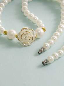 1 套优雅浪漫花朵仿珍珠设计项链、手链、耳环 4 件珠宝适合女性、女孩、学生、办公室女士、日常穿着、派对、约会、情人节礼物、妈妈、母亲、母亲节、礼物 - 金色 - 查看 10