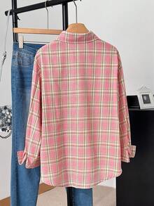 Áo sơ mi nữ tay dài vai rớt, cài cúc phía trước, họa tiết kẻ caro hồng, kiểu dáng thường ngày, thích hợp cho mùa xuân. - Hồng - Xem 3