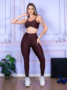 LLEVO Women's Fitness Leggings And Open-Strap Tank Top Set - Óxido marrón - Ver 3