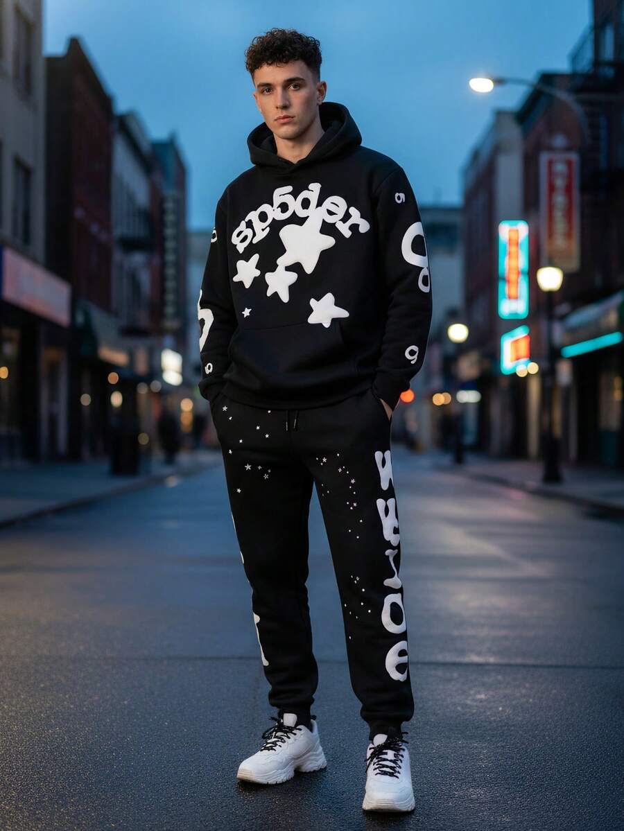 Spider Web Fashion Hip-Hop Printed Flower Hoodie, European And American  Brand Large-Sized Loose Men's And Women's Hooded Sweatshirt Set - màu đen - Xem 1