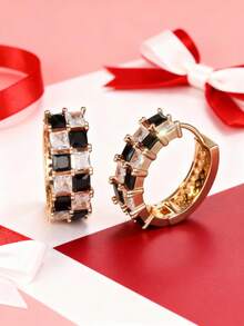 一对时尚几何方形黑白锆石棋盘格耳环，轻巧百搭，适合女孩佩戴 - 均碼 - 查看 6