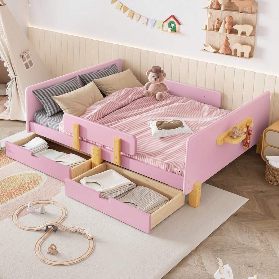 FULL SIZE TODDLER BED WITH STORAGE DRAWERS, SOLID WOOD TODDLER BED FRAME WITH BED GUARDRAIL, SMALL SHELF & HOOKS, NO BOX SPRING NEEDED, PINK - 粉色 - 查看 1