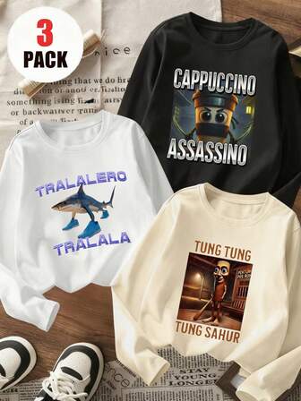 3pcs Tween Boys' "Italian Brainrot" Graphic Print Crew Neck Short Sleeve T-Shirts, Summer Tops