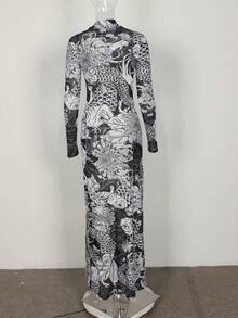 Melton Summer Sexy Colorblock Bodycon Dress High Neck Mesh Long Sleeve Graphic Print Mesh See Through Long Dress - 黑色 - 查看 3