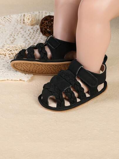 1 Pair New Solid Color Breathable Sandals For Infant Boys, Simple Fashion Toddler Shoes With Woven Vamp, Non-Slip Suitable For Summer
