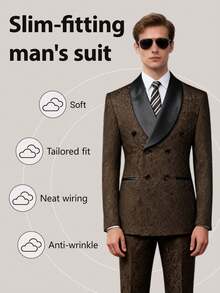 Men's Suit Floral Print Double Breasted Tuxedo Set | Shawl Lapel Blazer Jacket & Pant For Wedding & Formal Events - 棕色 - 查看 3