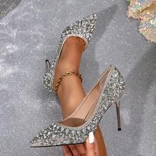 性感奢华珍珠水钻尖头高跟鞋女细高跟鞋银色新娘伴娘婚鞋秋季派对高跟鞋 - 銀色 - 查看 9