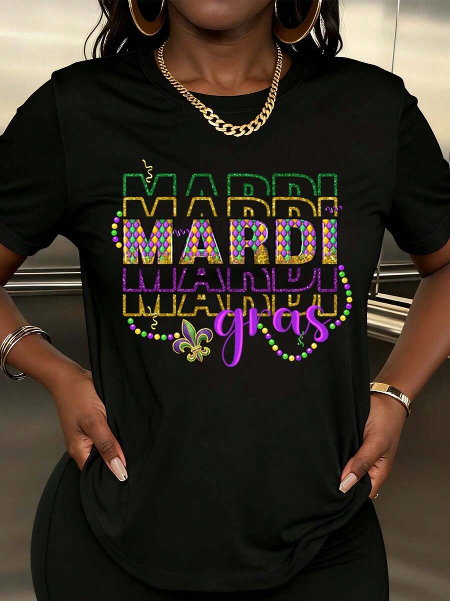 Women Mardi Gras Beads And Fleur De Lis Print T Shirt Fashion Casual Round Neck Short Sleeve For Party Celebration - màu đen - Xem 1